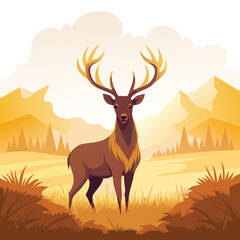 Capture the serene beauty of a majestic stag with large antlers standing in a misty, golden field 