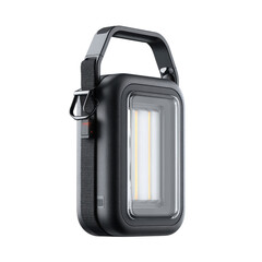 A modern black portable lantern with a rectangular light panel and a sturdy carrying handle, shown against a clean white background for high visibility usage.