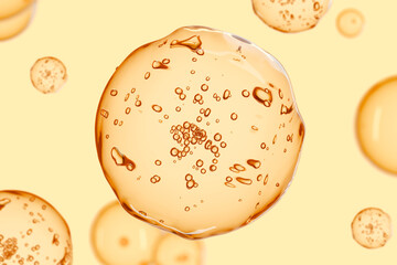 3D transparent golden water texture with air bubbles on yellow background. Perfect for skin care, advertisement cosmetics. Cooking oil. Motor oil. Alcoholic beverages.
