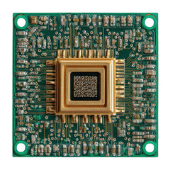 An intricately detailed and vibrant green circuit board showcases a central golden microchip with visible intricate details, all against a clean white background.