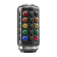 Close up shot of a complex control panel with an array of colorful buttons and switches, set against a clean white backdrop in a studio environment perfectly illuminated.