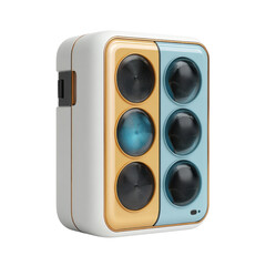 A futuristic white, gold, and blue device with six round displays a soft glow from one of its openings against a plain background, showing a creative design.