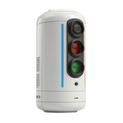 A futuristic minimalist traffic light design with a sleek white body and vibrant lens colors against a clean white background showcasing modern aesthetic at its best.