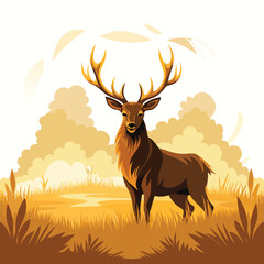 Capture the serene beauty of a majestic stag with large antlers standing in a misty, golden field 