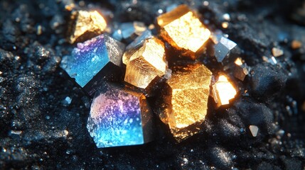Gold and rainbow pyrite mineral cubes rest on the dark metallic surface showing sharp edges