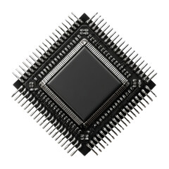 A highly detailed, symmetrical view of a modern black computer chip with silver pins and a central processing unit on a clean, isolated white background design.