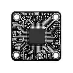 A detailed close-up shows a square black microchip with intricate circuit patterns and circular mounting holes set against a stark white background.