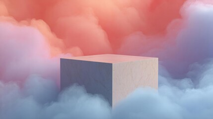 3d rendering of a cube in the middle of a cloud-like landscape. the cube is white and appears to be made of a light-colored material, possibly marble or concrete.