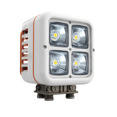 A bright white LED light with a square shape and an orange trim is mounted on a metal bracket against a stark white background for studio product photography.