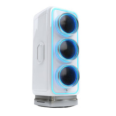 A futuristic white appliance with three glowing blue circular vents stands on a silver base, showcasing a blend of modern design and technological innovation.