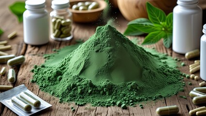 A close-up of fresh spirulina powder and its derived supplements displayed on a wooden surface, showcasing this nutrient-dense superfood known for boosting immunity, energy, and overall health.