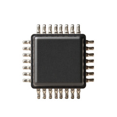 A detailed macro shot showcases a compact black microchip with numerous pins against a stark white background, highlighting its intricate electronic design components.