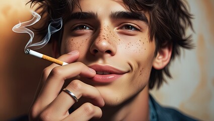 Obraz premium close-up shot of a young man holding and smoking a cigarette, with the smoke gently rising, highlighting the moment of indulgence, often symbolizing stress or habit, in a casual or reflective setting