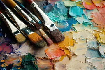 Obraz premium Artist Pallet. Colorful Art Brushes and Paints for Painting Masterpiece