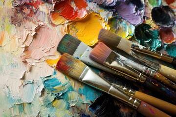 Fototapeta premium Artist Palette and Paintbrushes. Colorful Paints on Pallet for Oil Painting