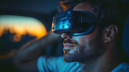 Man experiencing virtual reality in a car