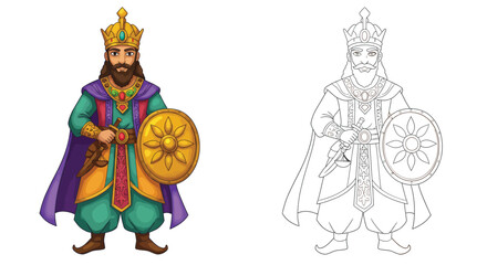 Ancient King: A majestic king stands, exuding power. wearing a crown, holding a shield, a symbol of authority and heritage.