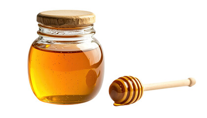Golden honey dripping from wooden spoon into glass jar, a sweet and natural treat