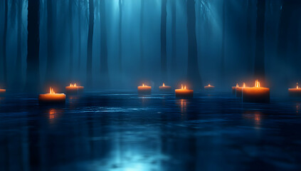 Candles floating in a dark forest at night