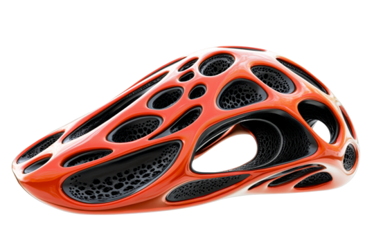 Orange futuristic helmet with complex openwork structure, cut out transparent