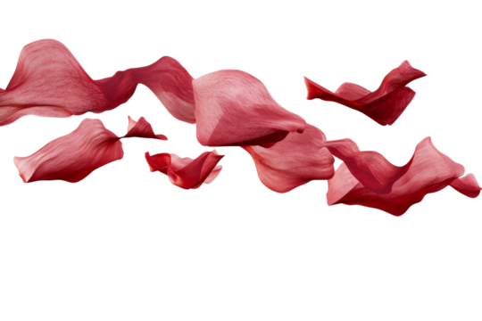 Floating red fabric, airy cloth arrangement, abstract shapes, cut out transparent