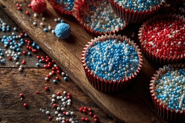 Fototapeta premium Patriotic Sprinkles Delight: Close up of a rustic wood board with colorful sprinkles that would make any party table a celebration! Red, white, and blue sprinkles.