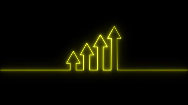 Glowing neon line icon and up arrow isolated on black background.