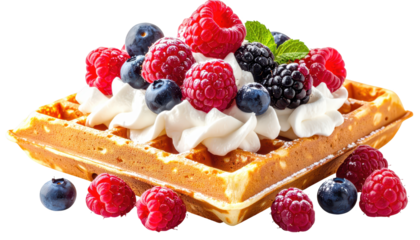 Delicious golden waffle topped with fresh berries and whipped cream delicious