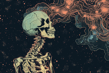 A detailed artistic depiction of a skeleton with cosmic clouds billowing from its head in space. Generative AI