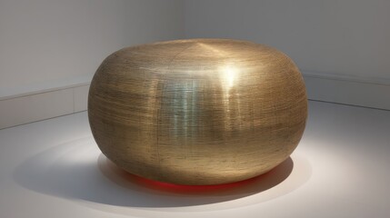 Large golden sphere with fine horizontal lines and reddish glow on white floor and background