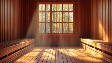 Tranquil wooden sauna room with sunlight streaming through a large window