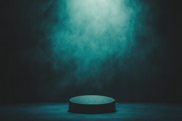 Dark stage with teal spotlights and circular platform