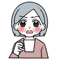 コップを持つ怒った顔の老人女性のイラスト