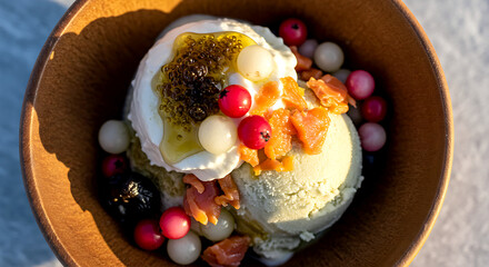 Alaskan Akutaq Eskimo ice cream with seal oil sheen - whipped fat, snowberries and smoked salmon flakes 