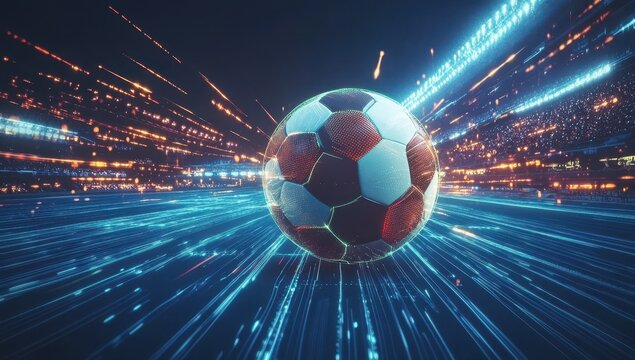 Futuristic soccer ball in a digital stadium.  Fast-paced, vibrant, and technological - Powered by Adobe
