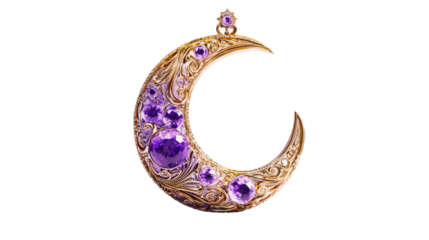 Golden Crescent Moon Embellished with Purple Gems, cut out transparent