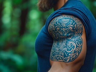 Man displaying unique tattoo on bicep, showcasing detailed patterns against a blurred forest backdrop.