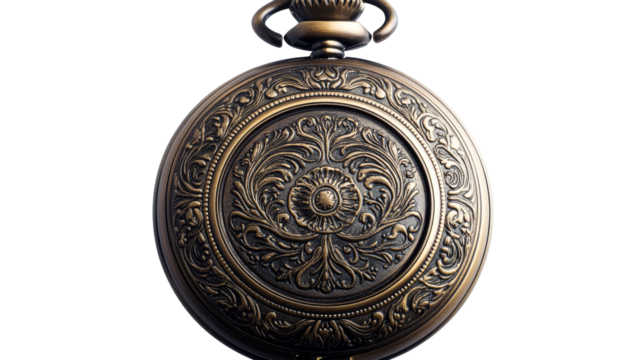 Ornamental Brass Pocket Watch Case Close-Up, cut out transparent