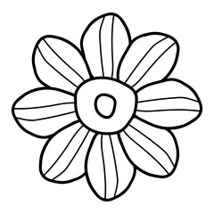 Head of  flower,  flowering plant,  part of  flower,  core with petals. In black and white. Decoration for postcards, posters, business cards, invitations. One icon isolated on  white background.