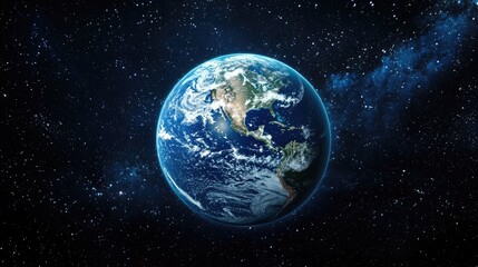 Earth seen from space amidst a starry expanse.