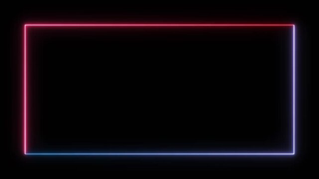 Glowing neon rectangular frame animation with blue and pink gradient lights on black background. Futuristic luminous border loop for night club, streaming, banner, digital interfaces, cyberpunk design