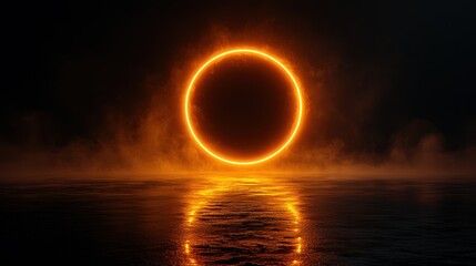 Obraz premium Glowing orange circle ring neon light reflection on dark water.