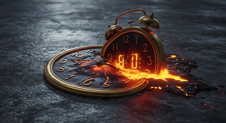 Melting Alarm Clock: Surreal Digital-Analog Timepiece in Fiery Abyss