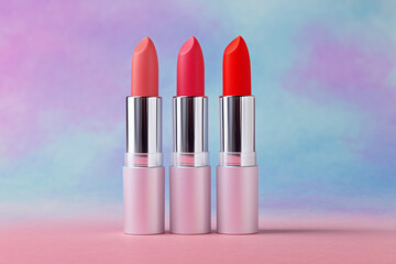 Obraz premium Pink and Red Lipstick on Pastel Gradient Background