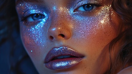 A model with metallic silver lips and shimmering galaxy-inspired eyeshadow, fantasy beauty
