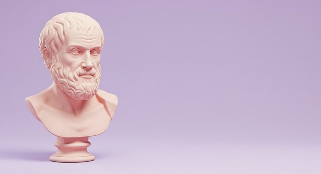 3d cute cartoon illustration, pearl white toned photo of bust of aristotle at the top, leaving clear copy space at the bottom for text or design elements. ,isolated on bright background, no text