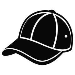 Side view of black baseball cap with white border is depicted in silhouette