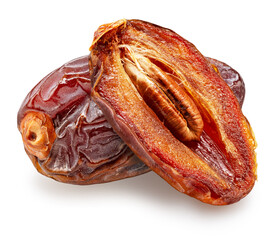 Semi-dried dates and date fruit cut in half isolated on white background. File contains clipping...