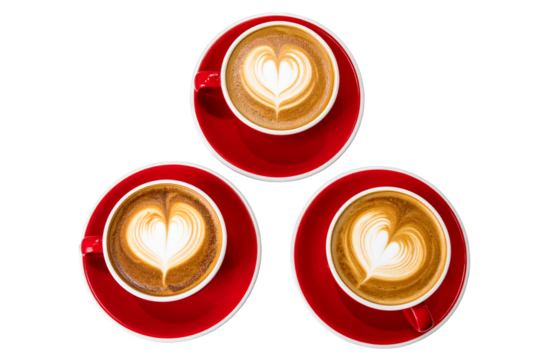 3 red coffee cups with latte art in the shape of a heart, isolated on a transparent background