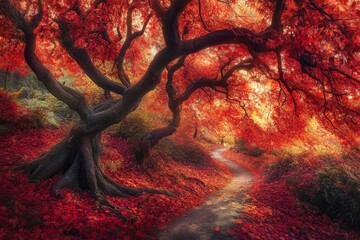 A painting of a winding path with vibrant trees and red leaves